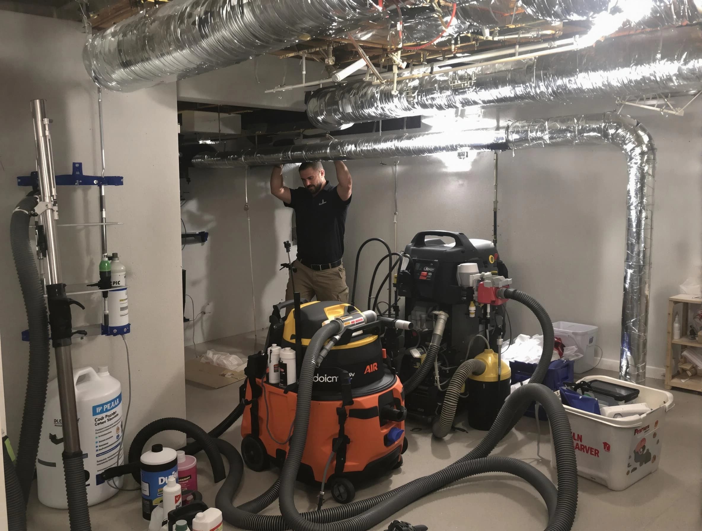 Pomona Air Duct Cleaning specialist performing professional mold removal from air ducts using safety equipment in Pomona