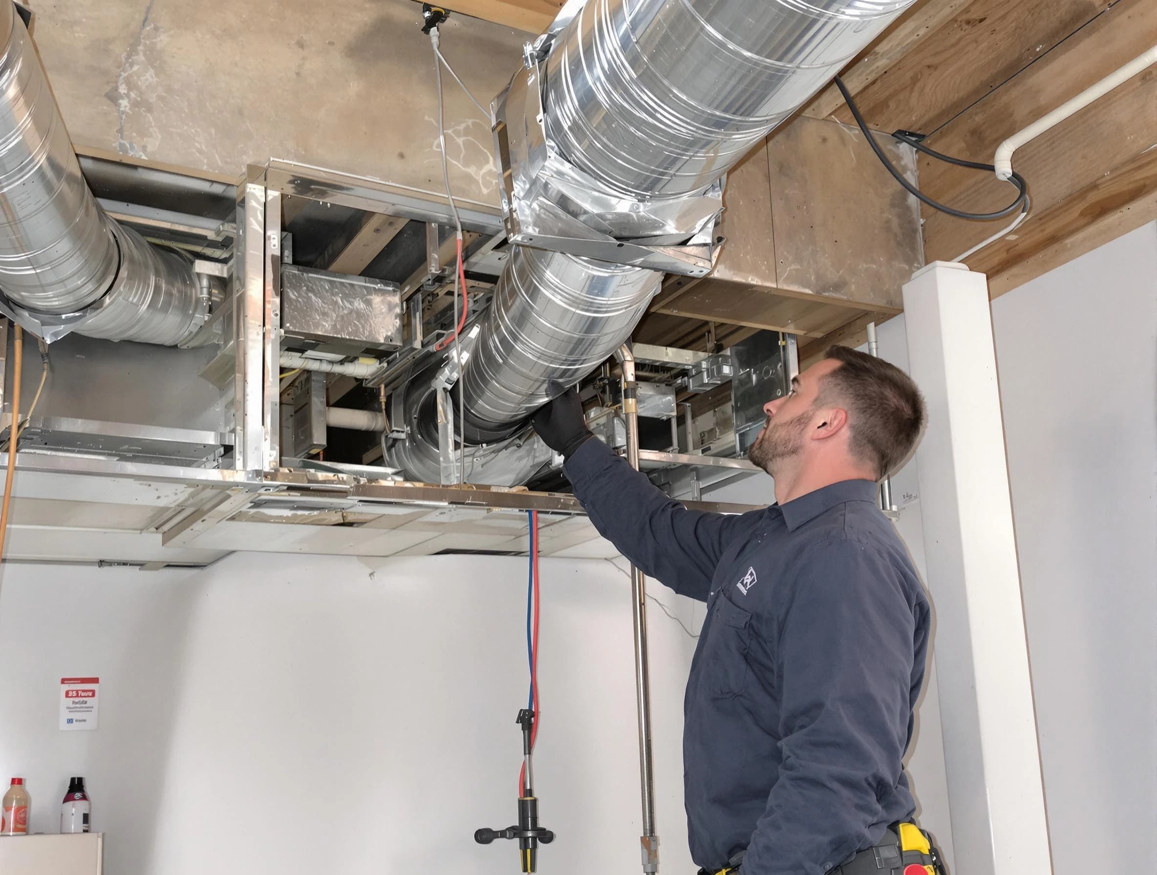 Pomona Air Duct Cleaning technician performing professional air duct repair using specialized tools in Pomona