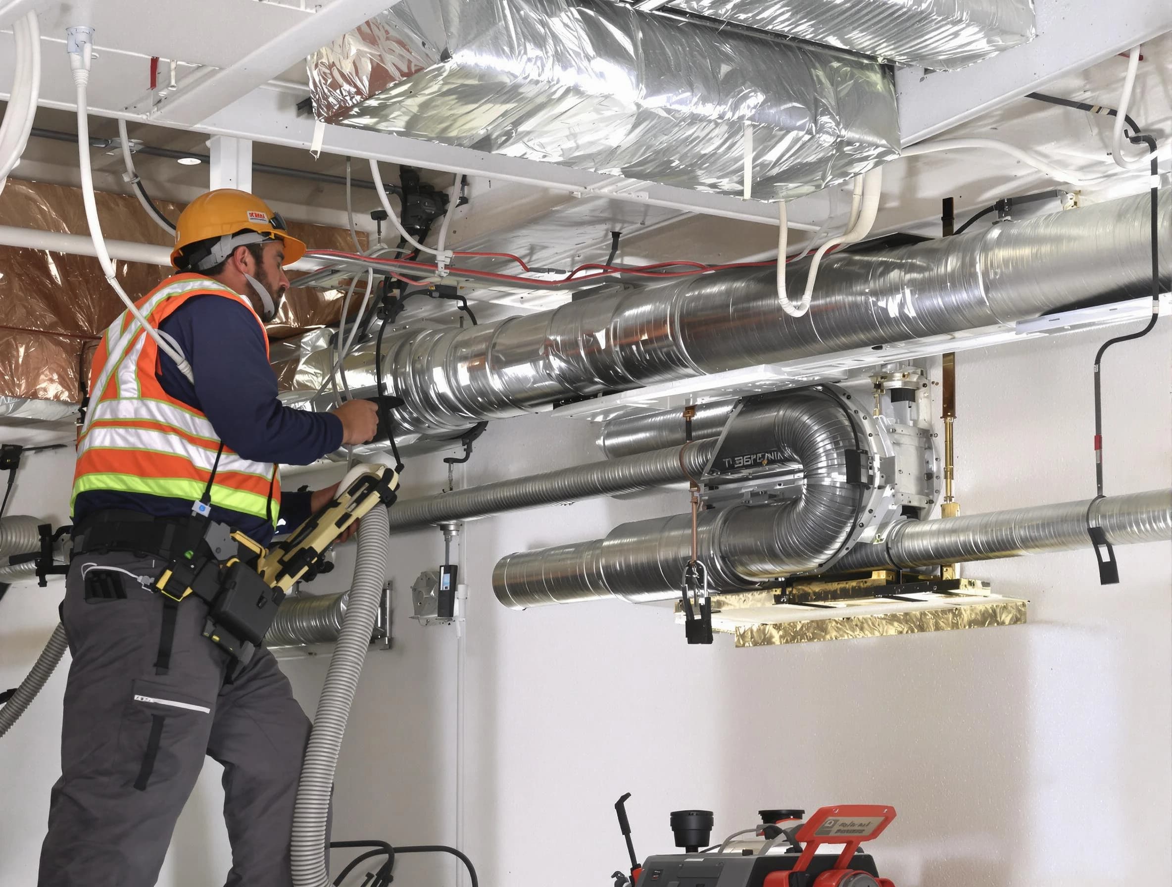 Pomona Air Duct Cleaning technician performing precision vacuum insulation removal in a residential property in Pomona